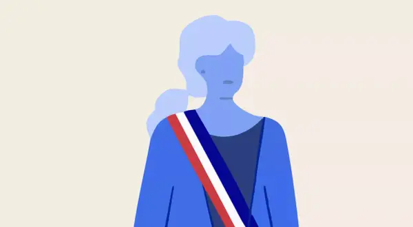 Illustration d'une femme portant l'écharpe tricolore, symbole du mandat d'un maire. La durée de son engagement est représentée par son profil stylisé.