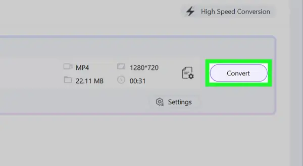 nsv. A video file, MP4, 22.11 MB, 1280x720 resolution, 00:31 duration, is ready to convert.