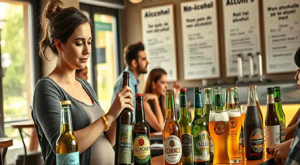 Donna incinta sceglie una birra analcolica in un locale con diverse opzioni.