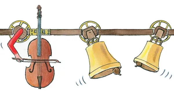 Ein Cello spielt Musik, während zwei Glocken läuten. Geh du alter Esel hole Fische!