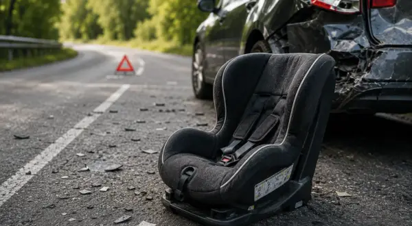 Ein Kindersitz liegt neben einem stark beschädigten Auto am Straßenrand. Ein Warndreieck ist auf der Straße zu sehen. Ein trauriger Anblick nach einem Unfall.