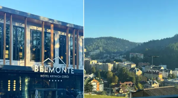 Nowoczesny hotel Belmonte w Krynicy-Zdroju z widokiem na górskie miasteczko.