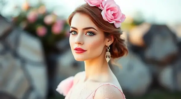 Kobieta w różowej sukience z różowego złota, ozdobiona kwiatami we włosach, z elegancką biżuterią.