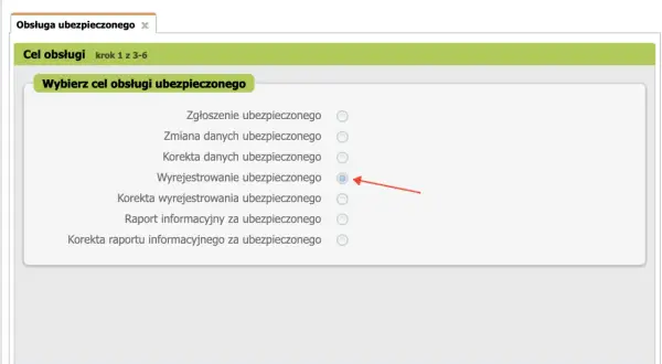 Wybór celu obsługi ubezpieczonego w systemie e-płatnik. Zaznaczono "Wyrejestrowanie ubezpieczonego", co może być związane z procesem w ZUS ZWUA.