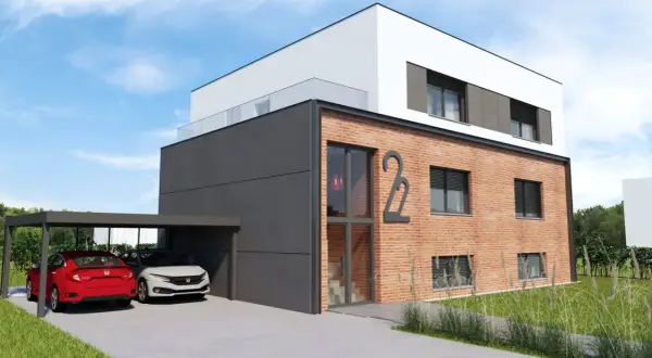 Nowoczesny dom kostka projekty: bryła z cegły i grafitu, zadaszenie na dwa auta, szklany balkon.