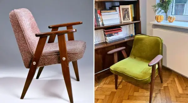 Dwa fotele w stylu retro. Jeden różowy, drugi zielony. Klasyczne meble Chierowskiego.