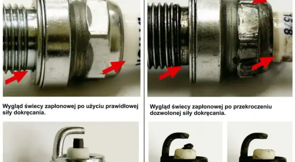 Porównanie świec zapłonowych: prawidłowe dokręcenie vs. przekręcenie. Zobacz, jaka przerwa na świecy powstaje po zbyt mocnym dokręceniu.
