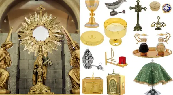 Złota monstrancja, kielich, patena, kadzielnica, krzyż i inne naczynia liturgiczne nazwy.