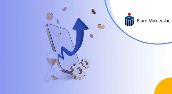 Grafika symbolizująca wzrost wartości na koncie inwestycyjnym PKO. Widoczny telefon, klepsydra, monety i strzałka w górę.