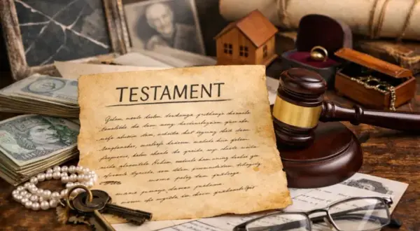 Na stole leży dokument z napisem "TESTAMENT", obok młotek sędziowski, pieniądze, klucze i okulary.