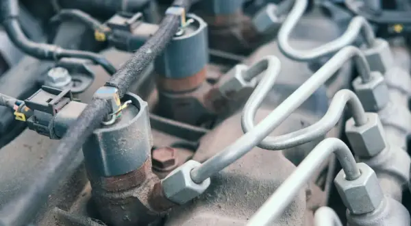 Inyectores de combustible de un motor Peugeot, modelo p0088, con tubos metálicos y conectores eléctricos.