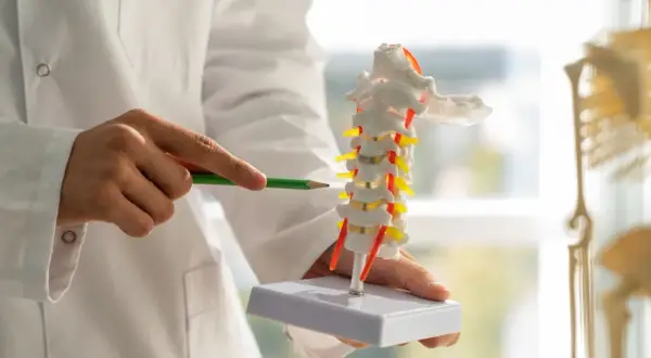 Lekarz wskazuje na model kręgosłupa szyjnego, gdzie widoczne są osteofity na krawędziach trzonów kręgów.
