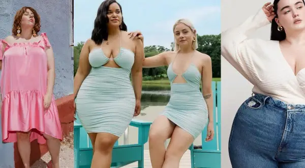 Trzy kobiety o różnych kształtach ciała, celebrujące body positive w modnych stylizacjach.