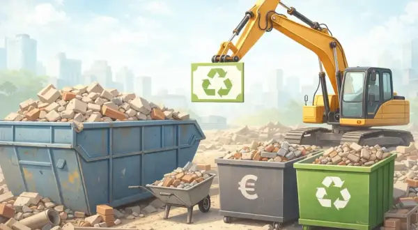 Bagger hebt Recycling-Symbol über Bauschutt. Container für Bauschutt entsorgen und Geld symbolisieren.