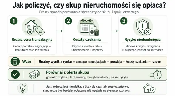 Schemat porównuje sprzedaż nieruchomości na rynku otwartym ze skupem. Analizuje cenę transakcyjną, koszty czekania i ryzyko. Porównanie z ofertą skupu pokazuje, że może być opłacalne przy pierwszym mieszkaniu.