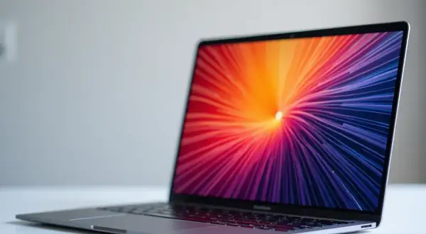 Elegancki laptop z kolorowym, abstrakcyjnym tłem na ekranie. Dowiedz się, jak obrócić ekran, aby dopasować go do swoich potrzeb.