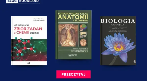 Okładki książek: zbiór zadań z chemii, atlas anatomii człowieka, biologia.