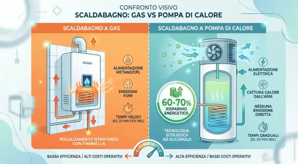 Confronto visivo: scaldabagno a gas con fiamma e fumi, vs pompa di calore elettrica. Differenza tra caldaia e scaldabagno: efficienza e costi.