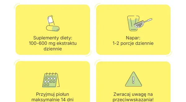 Piołun właściwości: dawkowanie suplementów (100-600 mg), naparu (1-2 porcje), czas stosowania (max 14 dni) i przeciwwskazania.