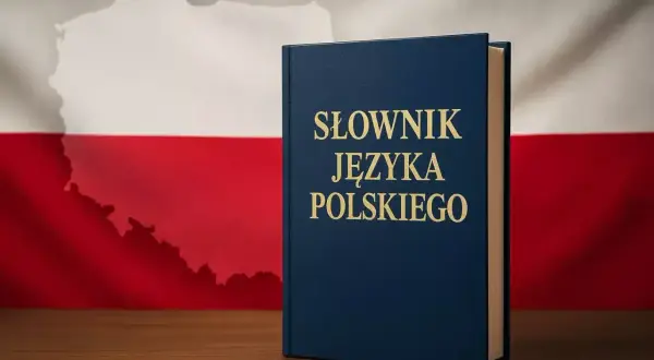 Granatowy słownik języka polskiego na tle flagi Polski z zarysem kraju.