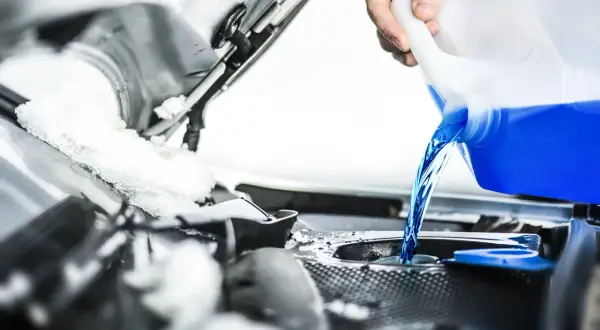 Versare liquido blu brillante nel serbatoio, notando la differenza colore liquido radiatore. C'è neve sul cofano.