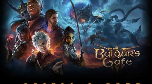 Postacie z Baldur's Gate III w mrocznej scenerii z smokami i potworami.
