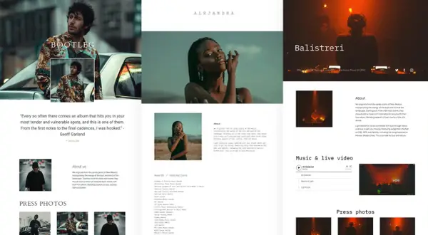 Artist website featuring photos, quotes, and an EPK (Electronic Press Kit) for Balistreri, showcasing their music and press.