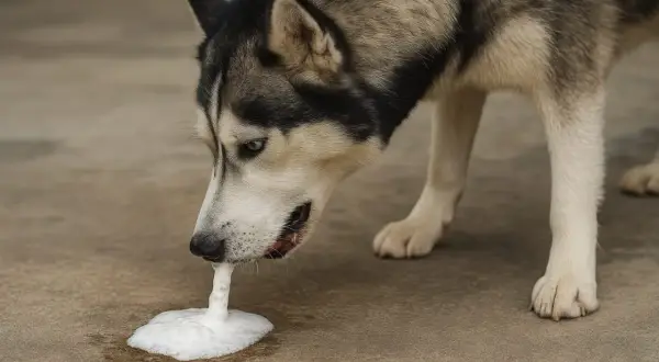 Husky pies wymiotuje wodą, tworząc pianę na ziemi.