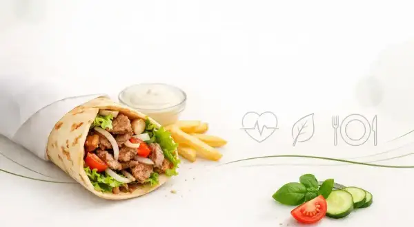 Pyszny kebab z mięsem, warzywami i frytkami. Zastanawiasz się nad kebab kalorie? Obok symbol zdrowia i świeże dodatki.