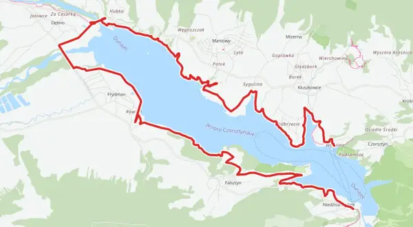 Mapa z zaznaczoną trasą rowerową wokół Jeziora Czorsztyńskiego, łączącą Szczawnicę i Czorsztyn.