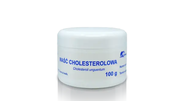 Biały słoiczek z niebieskim napisem "MAŚĆ CHOLESTEROLOWA" i informacją o wadze 100 g.