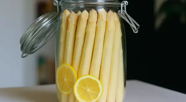 Ein Glas mit weißem Spargel und Zitronenscheiben, bereit zum Spargel fermentieren.