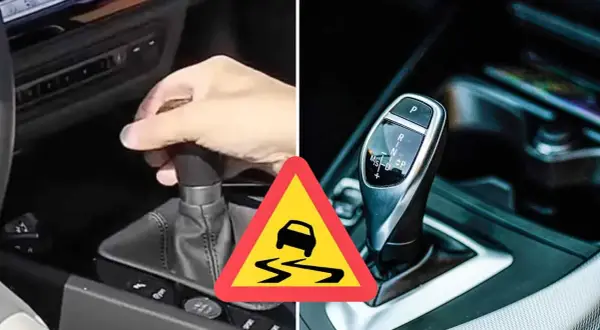 Vänster bild visar en hand som växlar manuellt, höger en automatisk växelspak. Varning för halt väglag.