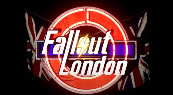 Das Logo "Fallout London" mit britischen Flaggen und einem roten Neonring. Ein Blitz ziert das Wort "Fallout".