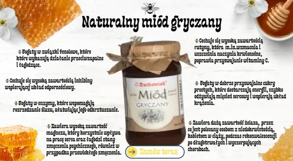 Naturalny miód gryczany – jaki miód najzdrowszy? Bogaty w fenole, rutynę, enzymy i magnez, wspiera odporność i krążenie.