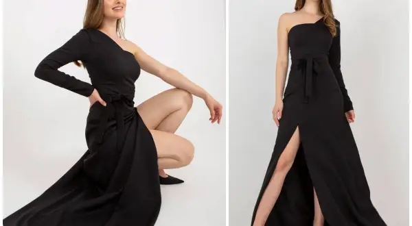 Elegancka, czarna sukienka wieczorowa z jednym rękawem i rozcięciem na nodze. Oryginalne sukienki wieczorowe dla każdej kobiety.