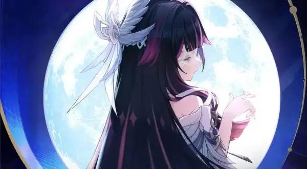 Anime-Figur mit langen schwarzen Haaren und einem weißen Kopfschmuck vor einem großen Mond. Genshin Leaks zeigen neue Charaktere.