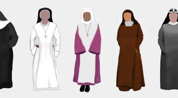 Fünf Nonnen in unterschiedlichen Gewändern und mit verschiedenen nonnen kopfbedeckung.
