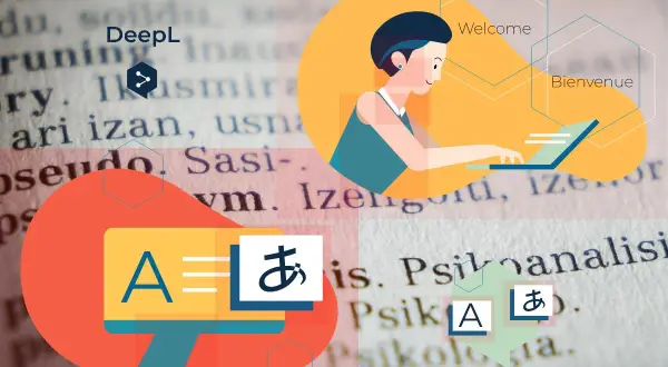 Grafika przedstawia narzędzie do tłumaczenia DeepL, z ikonami komputerów i tekstem w różnych językach.