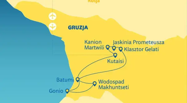 Mapa Gruzji z zaznaczonymi atrakcjami: Batumi, Gonio, Kutaisi, Kanion Martwili, Jaskinia Prometeusza, Klasztor Gelati, Wodospad Mchuntseti.
