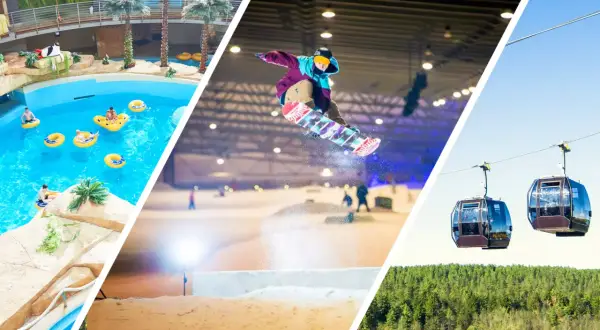 Kolejka linowa w Druskiennikach, snowboardzista w powietrzu i basen z palmami.