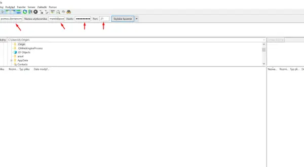 FileZilla: okno programu do szybkiego łączenia z serwerem. Wpisz dane logowania, by połączyć się z serwerem.