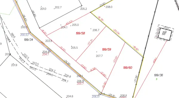 Plan podziału działki 199/58, 199/59, 199/60. Widoczne granice, wymiary i punkty wysokościowe.