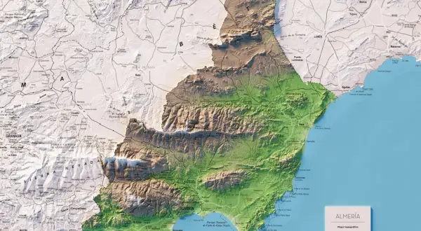Mapa topográfico de Almería que muestra la altitud y el relieve montañoso de la provincia.