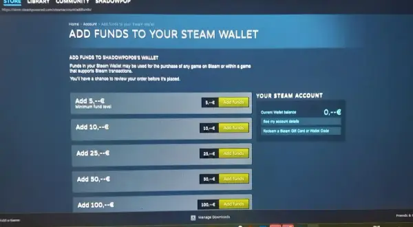 Ekran Steam z opcjami dodawania środków do portfela: 5, 10, 25, 50, 100 euro.