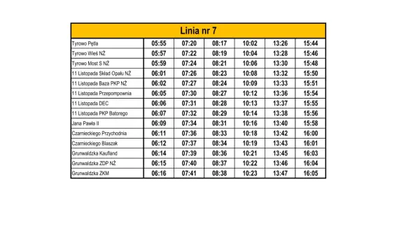 Rozkład jazdy linia 7 Pruszków: odjazdy z Tyrowa Pętla o 05:55, 07:20, 08:17, 10:02, 13:26, 15:44.