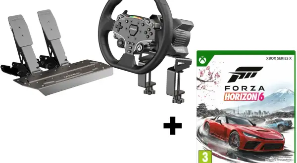 Kierownica wyścigowa MOZA z pedałami i grą Forza Horizon 6 na Xbox Series X. Dowiedz się, jak podłączyć kierownicę do Xboxa, by poczuć się jak prawdziwy kierowca.