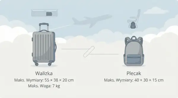 Ilustracja walizki i plecaka z wymiarami i wagą, w tle samolot i siedzenie.