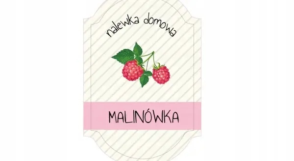 Etykiety na nalewki do druku z malinami i napisem "Malinówka". Idealne do domowych przetworów.