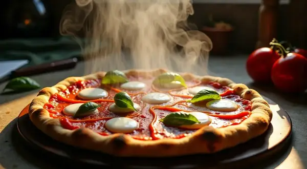 Gorąca pizza margherita z parującym serem i bazylią. Czy pizza jest lekkostrawna? Ta wygląda apetycznie!